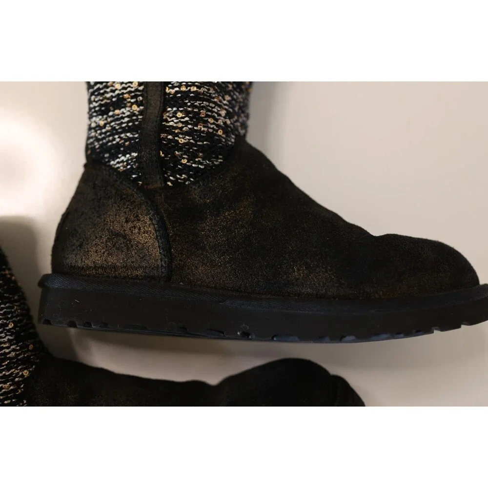 UGG Lyla Women's Gold/Black Metallic Leather Sequin Knit Ankle Boots Size 7